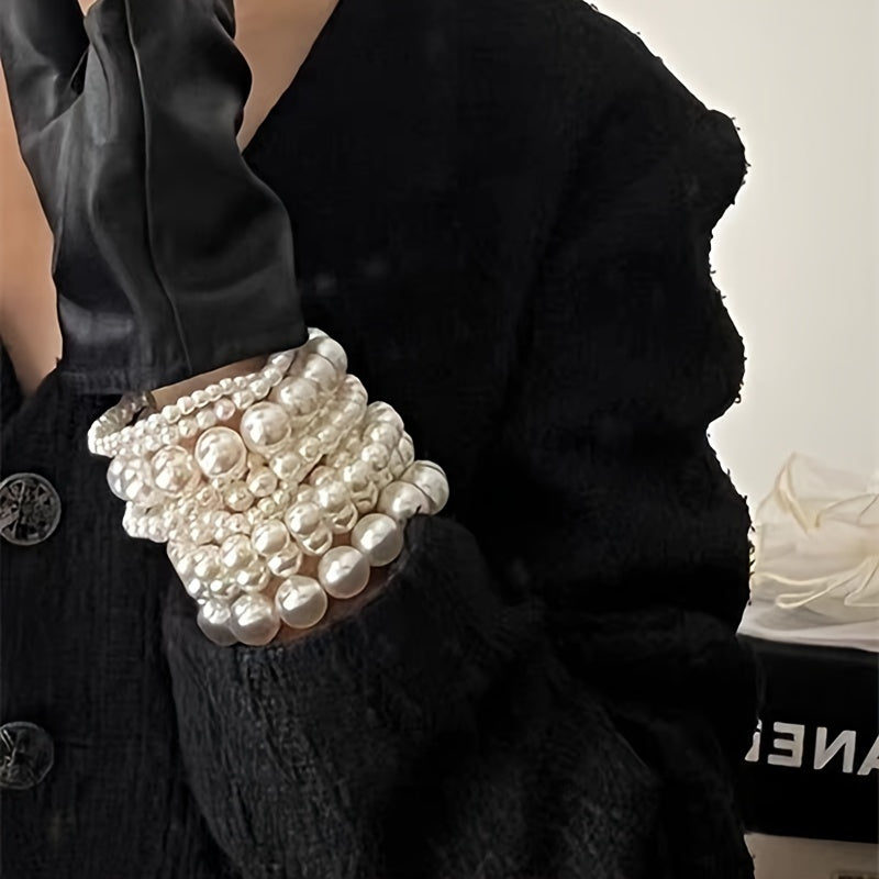5pcs Elegant French-Inspired Acrylic Faux Pearl Bracelet Set - Vintage Chic Multi-Layer Beaded Stacking Wrist Jewelry, Ideal for Daily Wear & Gifting